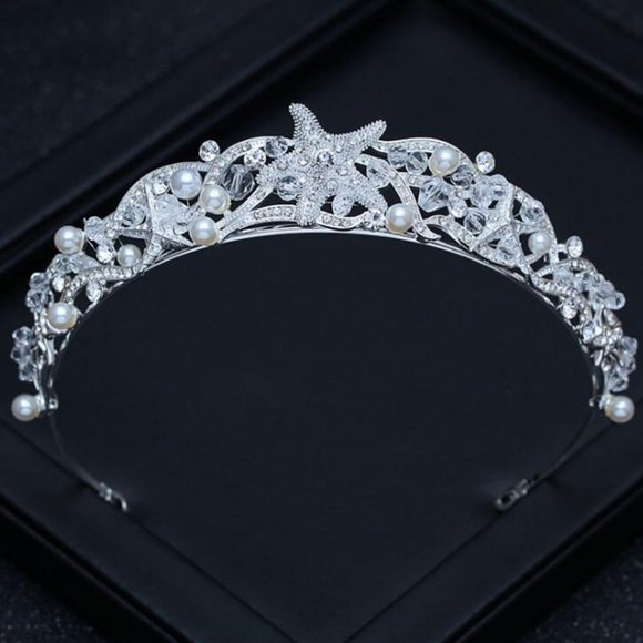Silver Crystals, Pearls, Beads Hand Decorated Starfish Beach Wedding Tiara NWT - Picture 5 of 9